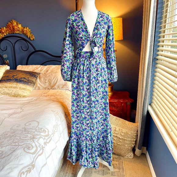 Vintage 70s 80s Floral Long Sleeve Tie Top and Maxi Skirt Set - Picture 1 of 13
